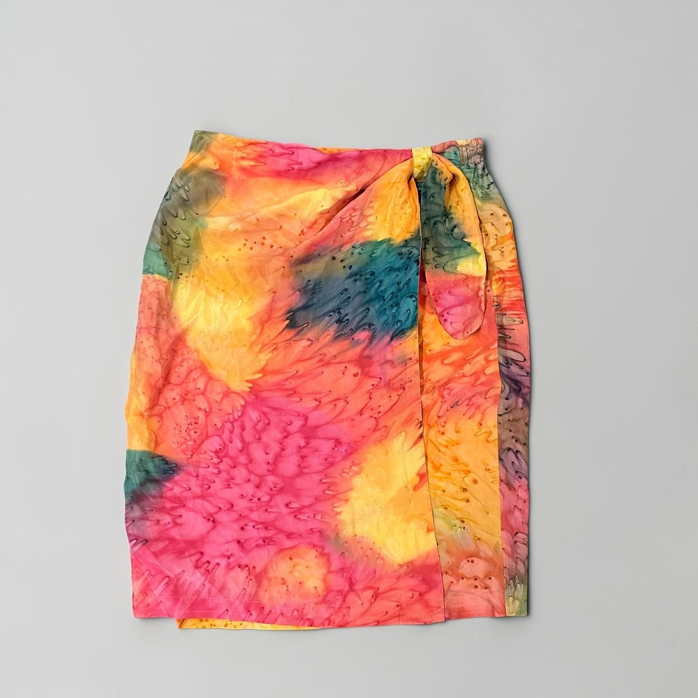 Angela Tong Silk Wrap Skirt Watercolor Batik Print Side Tie Midi Orange Pink 12